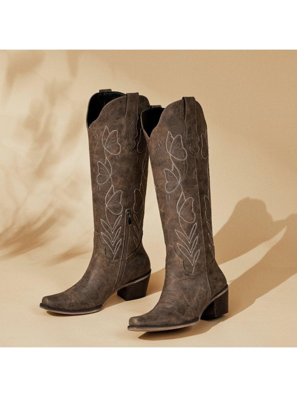 Women's Knee High Cowgirl Boots Western Boots with Pointed Toe Taupe Brown - Picture 6 of 6
